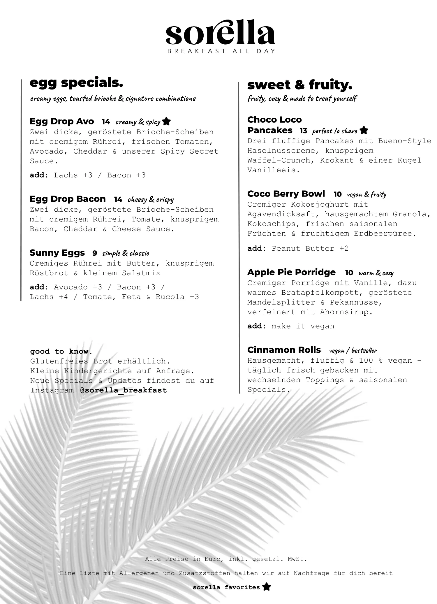 Seite 2 der Speisekarte: egg specials, sweet & fruity und good to know mit Preisen